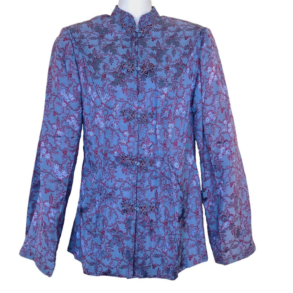 Owen Bros Brocade Oriental Jacket Pockets Blue Satin Vintage QiPao CheongSam
